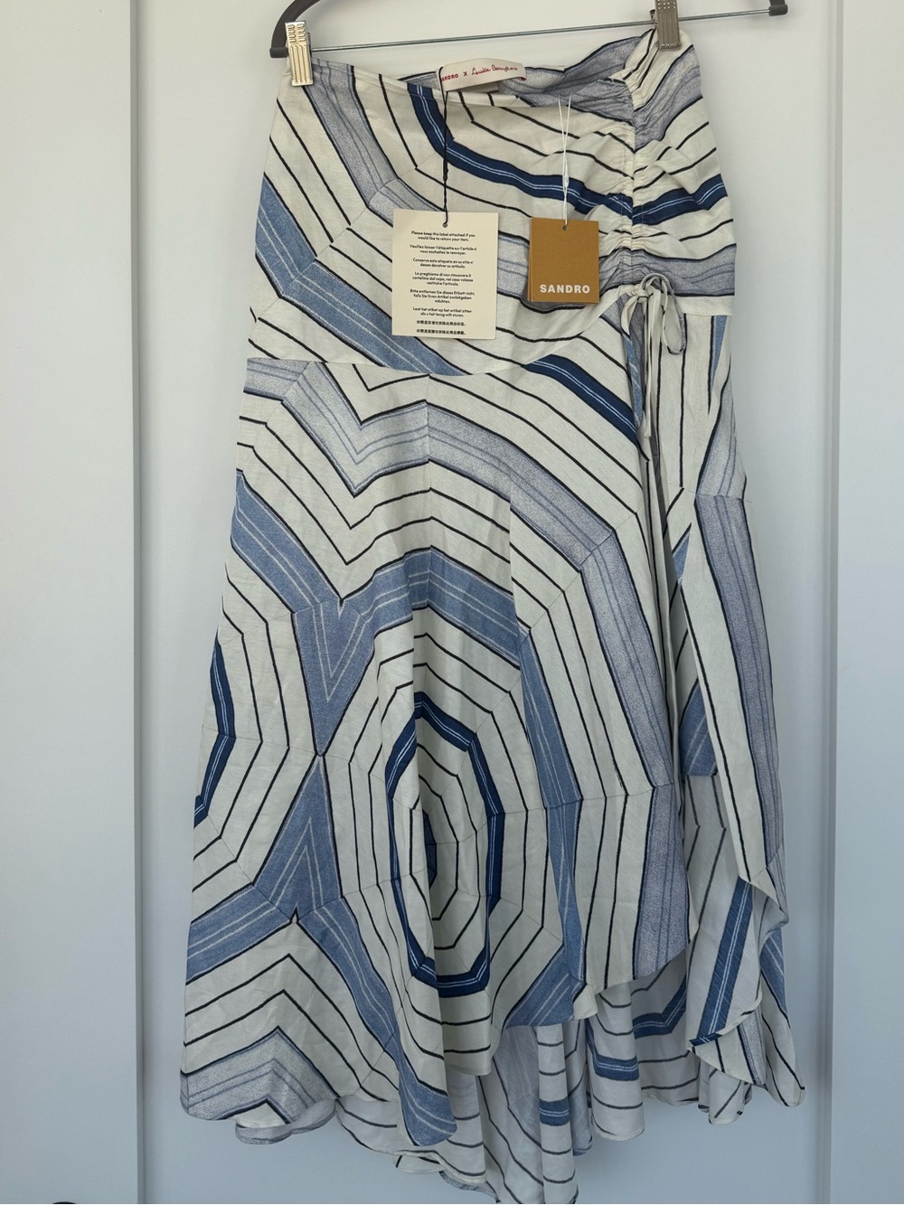 Sandro Blue and White Geometric Midi Skirt